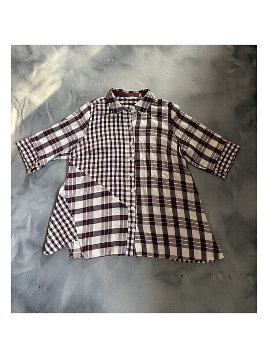 Soft Surroundings Tops - SOFT SURROUNDINGS Button Burgundy White Checked Cotton Rayon 3/4 Sleeve Tunic 1X